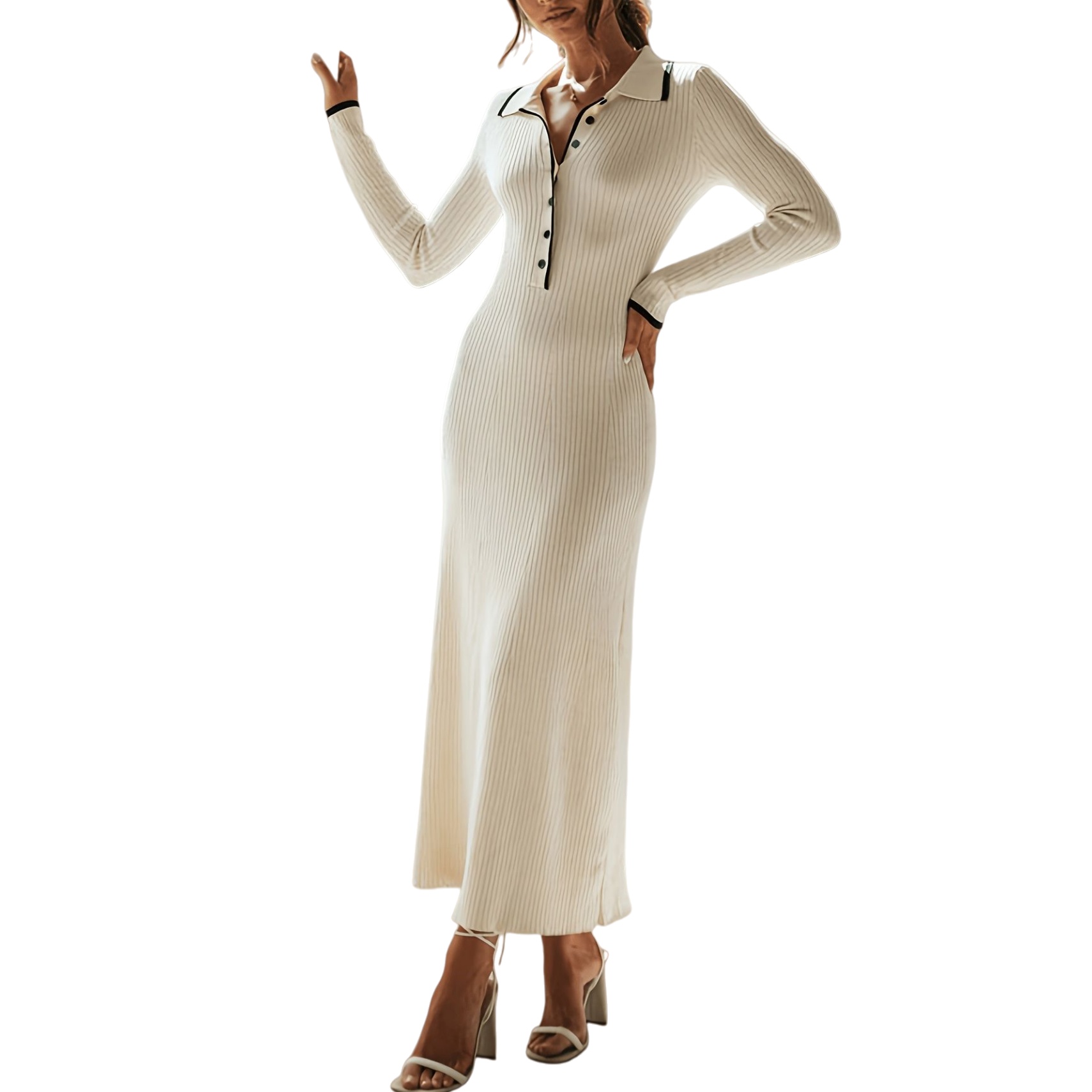 Womens Elegant Ribbed Knit Maxi Dress Elegant Lapel Contrast Casual Dress